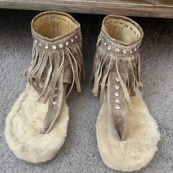 Ausiie  Flips Leather Shearling Fringes Crystal Thong Sandal Size 7 - Picture 1 of 11